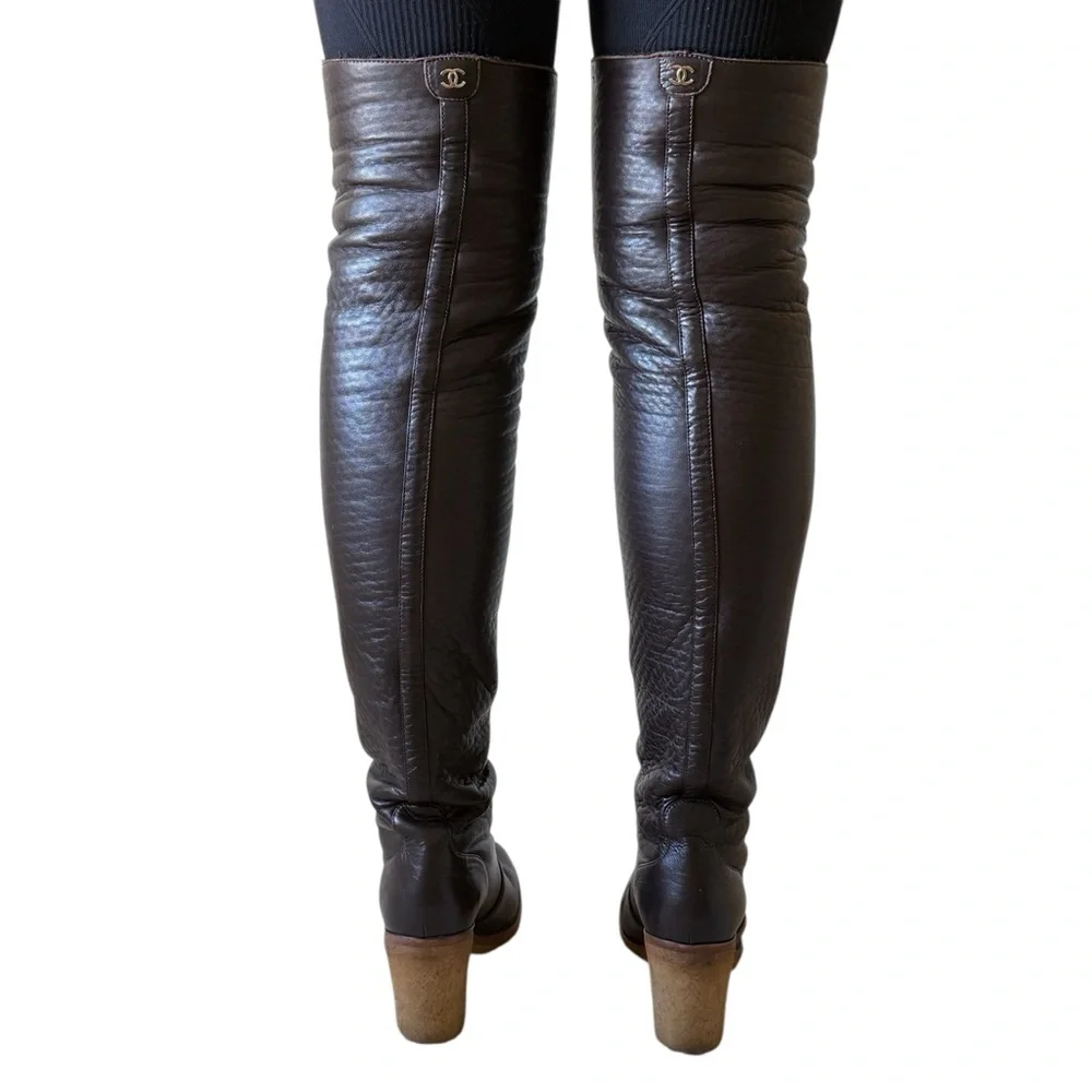 CHANEL Over The Knee Winter Boots Brown Sz 40